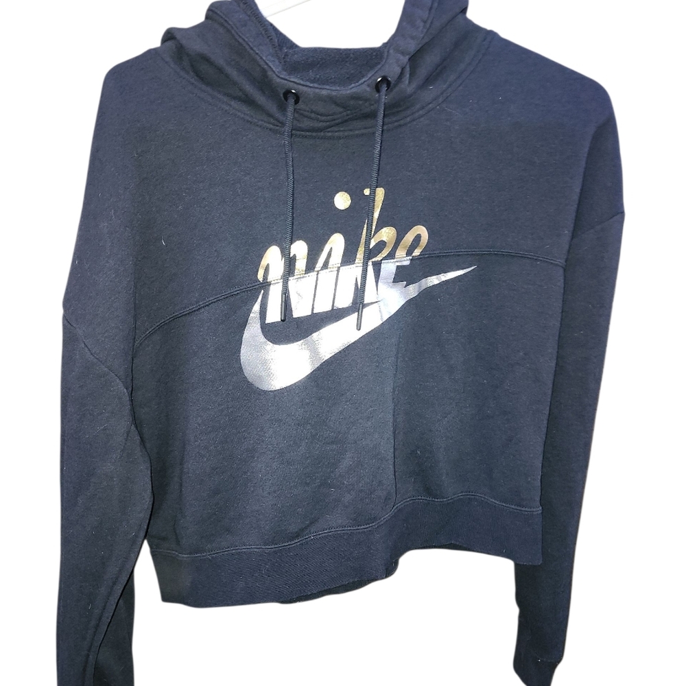 Nike Women's Sportswear Rally Metallic Black Clash Cropped Hoodie Large
